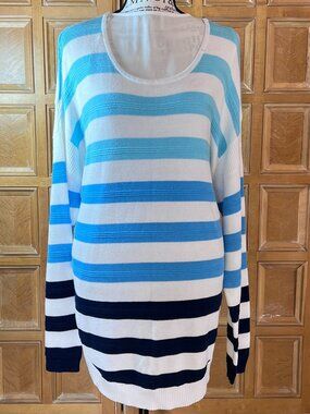 St. Johns Bay Womans Knit Pullover Striped Sweater XL White and Blues
